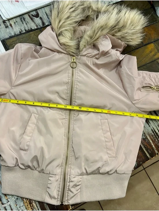 New Look Faux Fur Hood Bomber Jacket L Fits M Blush GorpCore Coat Y2K Beige - Picture 6 of 13